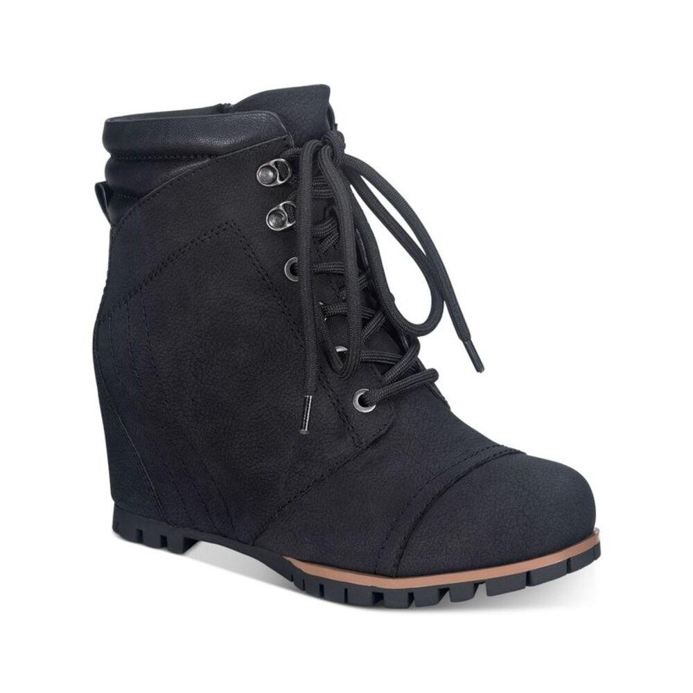 SUN STONE Womens Black Side Zip Lug Sole Lizzie Wedge Lace-Up Booties 9.5 M
